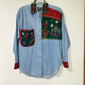 Quizz Vintage Denim Shirt Womens Medium Blue Folk Art Embroidered Cotton 90s Top